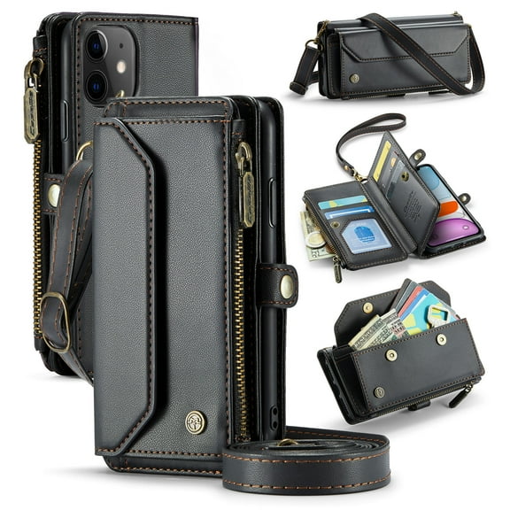 Compatible with iPhone 11 Rugged PU Leather Wallet Case, Card Slots Zipper Pocket Lanyard Crossbody Strap Kickstand RFID Blocking Full Body Protection Cover for iPhone 11, Black