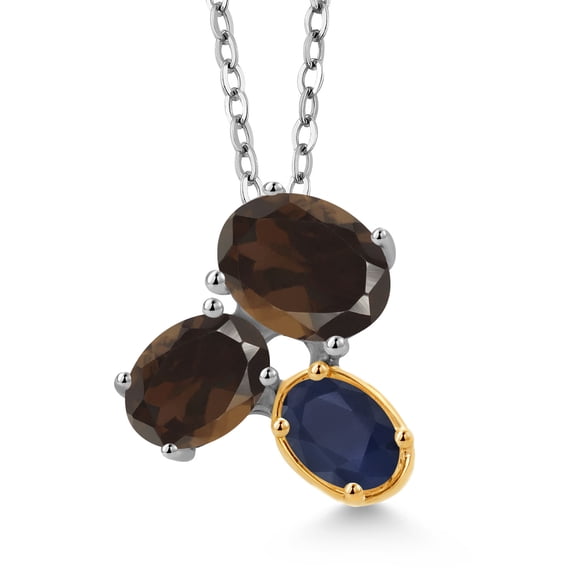 Gem Stone King 925 Silver and 10K Yellow Gold Brown Smoky Quartz and Blue Sapphire Pendant Necklace for Women (2.51 Cttw, Oval 8X6MM, 7X5MM and 6X4MM, Gemstone, with 18 inch Chain)