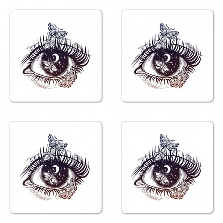 

Abstract Coaster Set of 4 Psychedelic Woman Eye with Butterfly Starry Moon Night Sky Surreal Tattoo Square Hardboard Gloss Coasters Standard Size Dark Purple White by Ambesonne