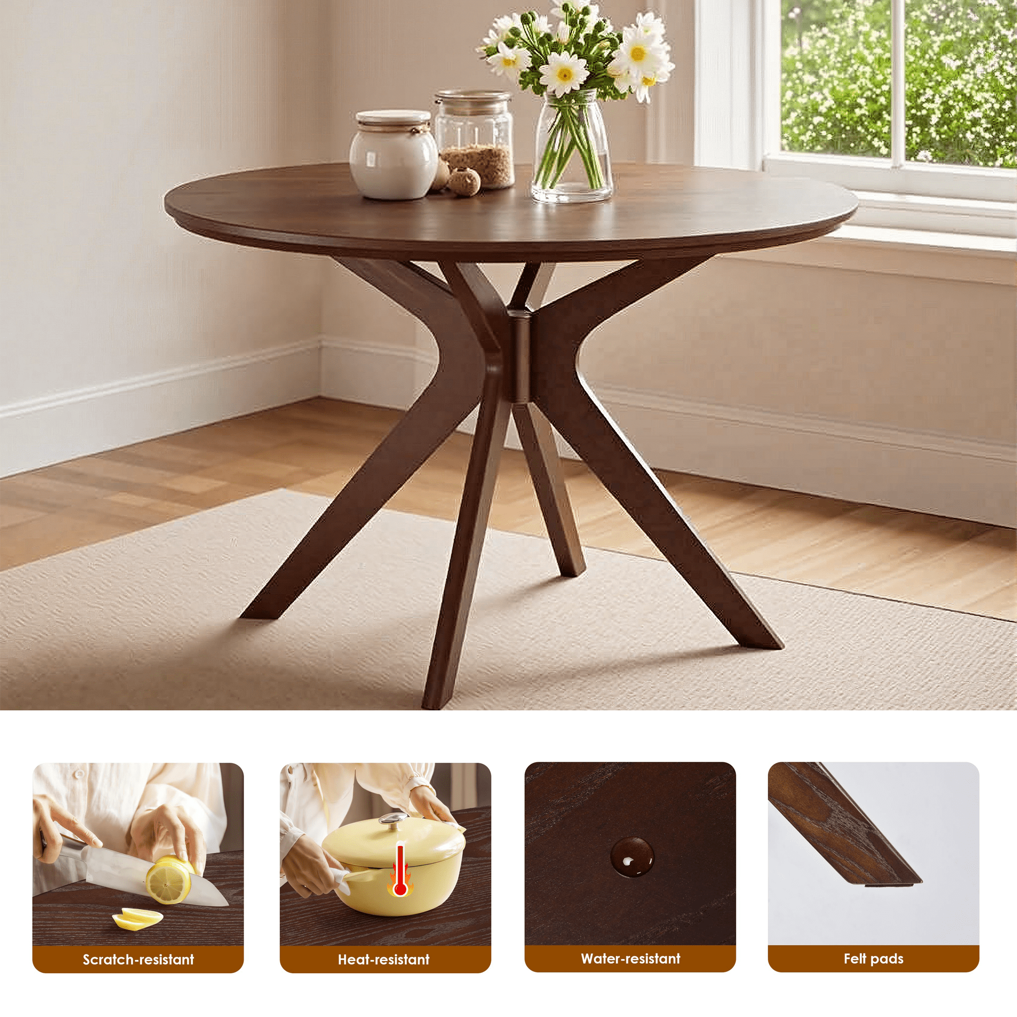 MAYEERTY 47" Solid Wood Round Dining Table, Intersecting Pedestal Base, Seats 4-6, Kitchen/Dining Room,Walnut