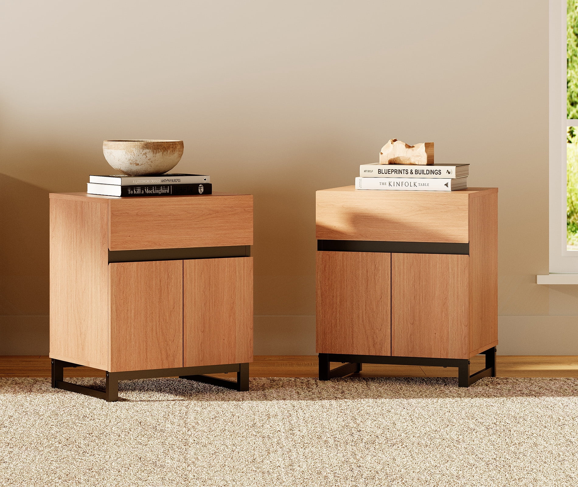 WAMPAT 2 Pack Nightstand with 1 Drawer & 1 Storage Cabinet, Modern Bedside Table with 2 Open Doors for Bedroom, Wood Rustic Side End Table for living Room.