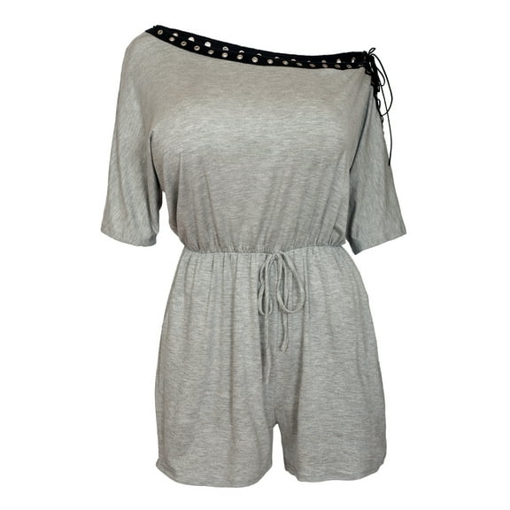 eVogues Women's Half Sleeve Lace Up Shoulder Romper Gray