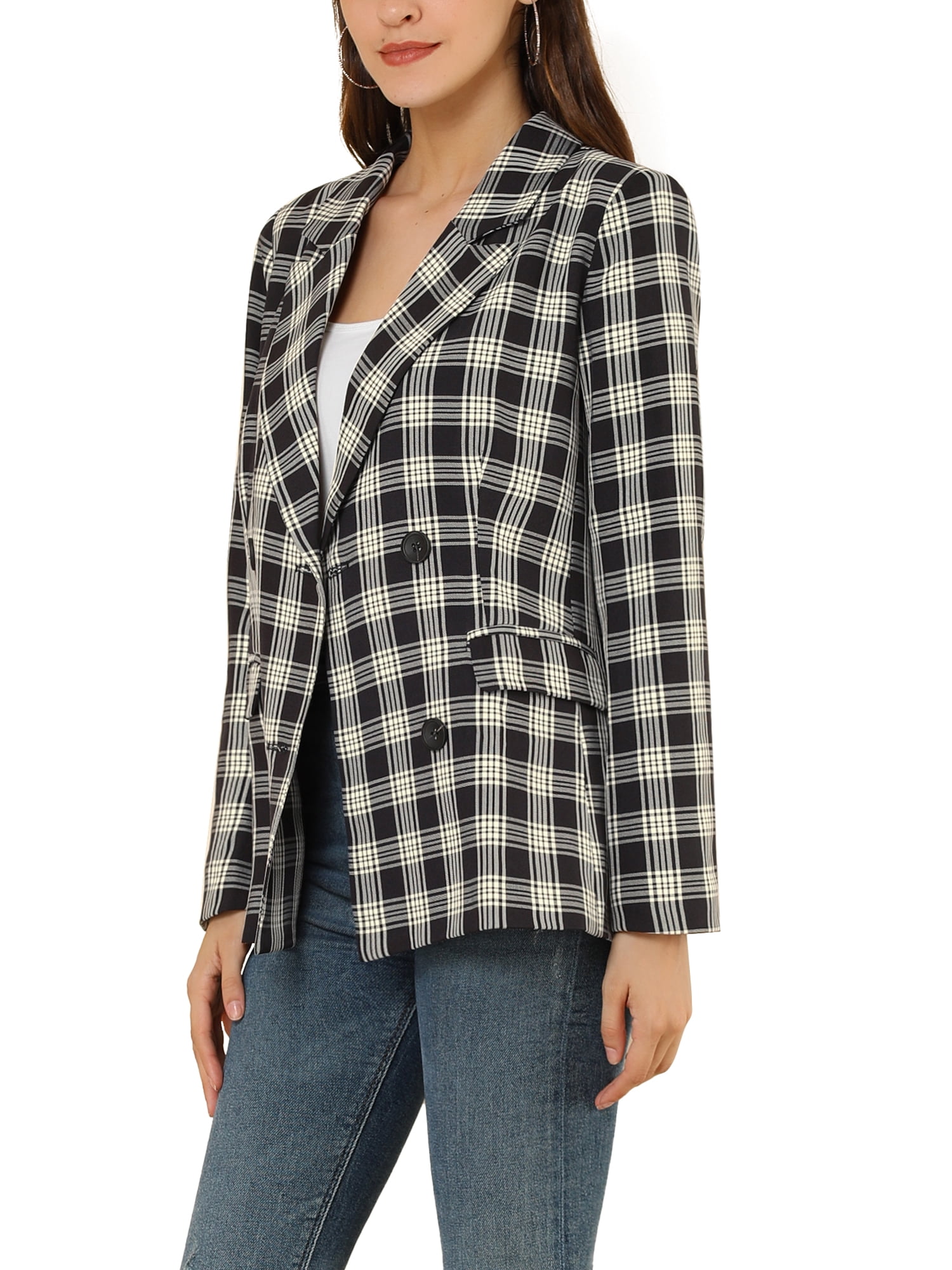 DARING DIVA Women's Plaid Notched Lapel Blazer Jacket M Black