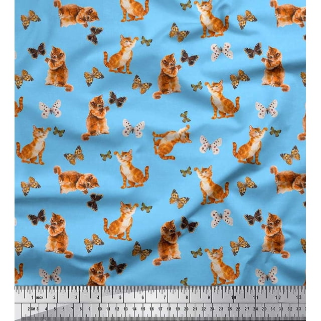 Soimoi Blue Moss Georgette Fabric Insect & Cat Animal Print Fabric by Yard 42 Inch Wide