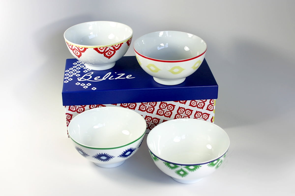 Set of 4 Colorful Belize Porcelain Soup Bowls with Gift Box