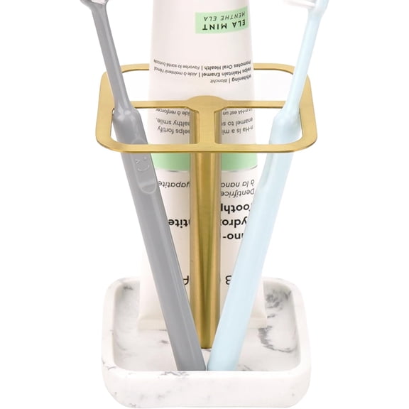 ABCISI Stainless Steel Toothbrush Holder with Marble-Style Weighted Base, 3-Section Organizer for Electric Toothbrushes & Toothpaste, Bathroom Countertop Stand (Gold)