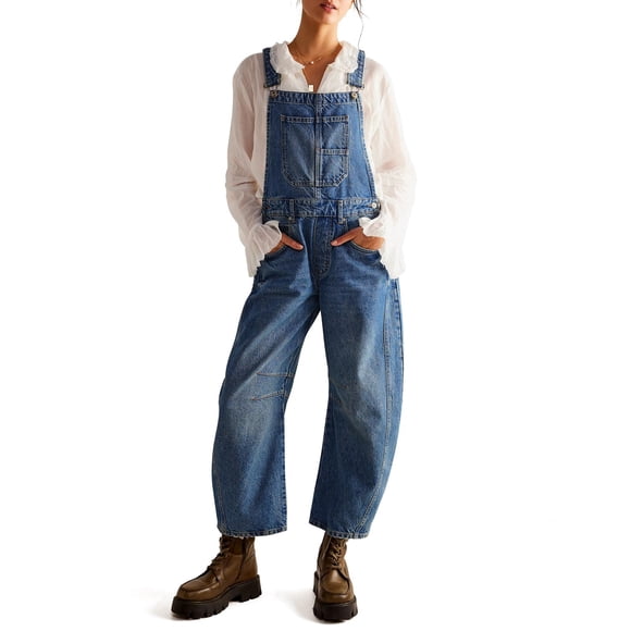 Jeans for Women Casual Denim Bib Overalls Baggy Barrel Jeans Wide Leg Denim Jumpsuit Mid Rise Boyfriend Harem Pants (Blue S)