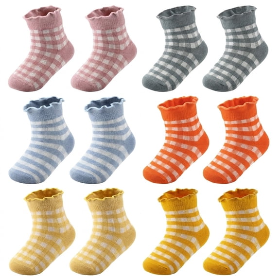 Bocaoying 12 Pairs Ruffle Toddler Socks Girls Soft Cotton Plaid 6-Color