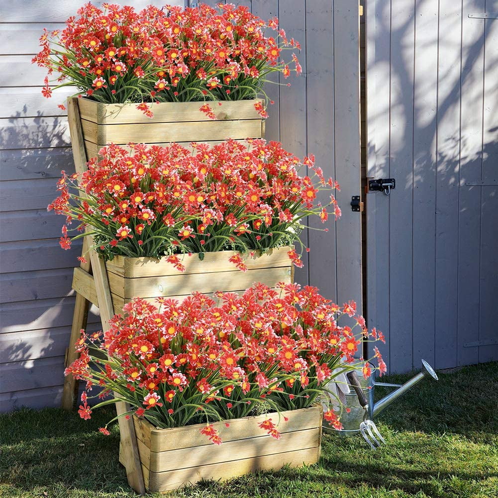 6 Bundles Outdoor Artificial Daisies Fake Flowers UV Resistant Shrubs, Faux Plastic Greenery for Indoor Outside Hanging Plants Garden Porch Window Box Home Wedding Farmhouse Decor (White)