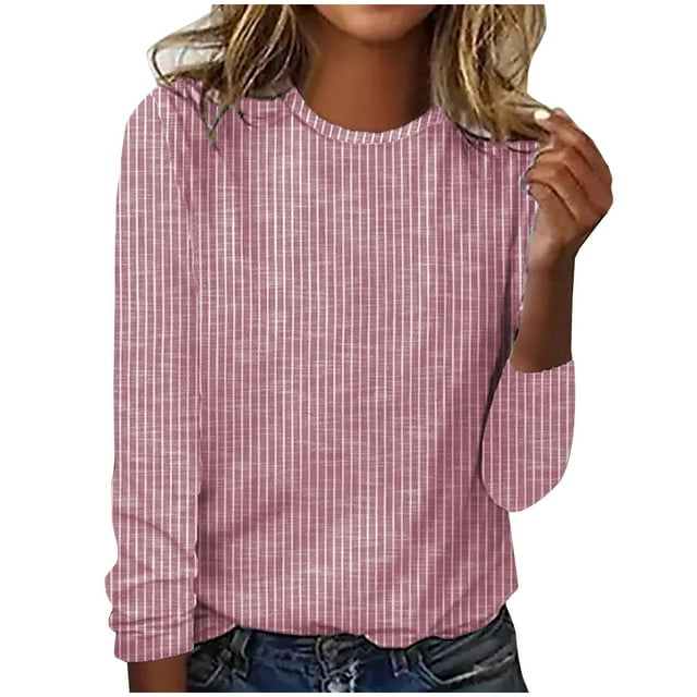Lenpel T-Shirts pour Femmes Mode Automne Manches Longues Col Rond Rayé Tee Basique Hauts Blouses Décontractées Amples (Rouge, Grand)