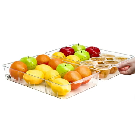 WholesHome Roll-Out Fridge Organizer Bin Container on Wheels - Clear Design with Dividers & Handles for Kitchen Organization - Versatile Storage Solution for Refrigerator and Pantry (2-Pack)