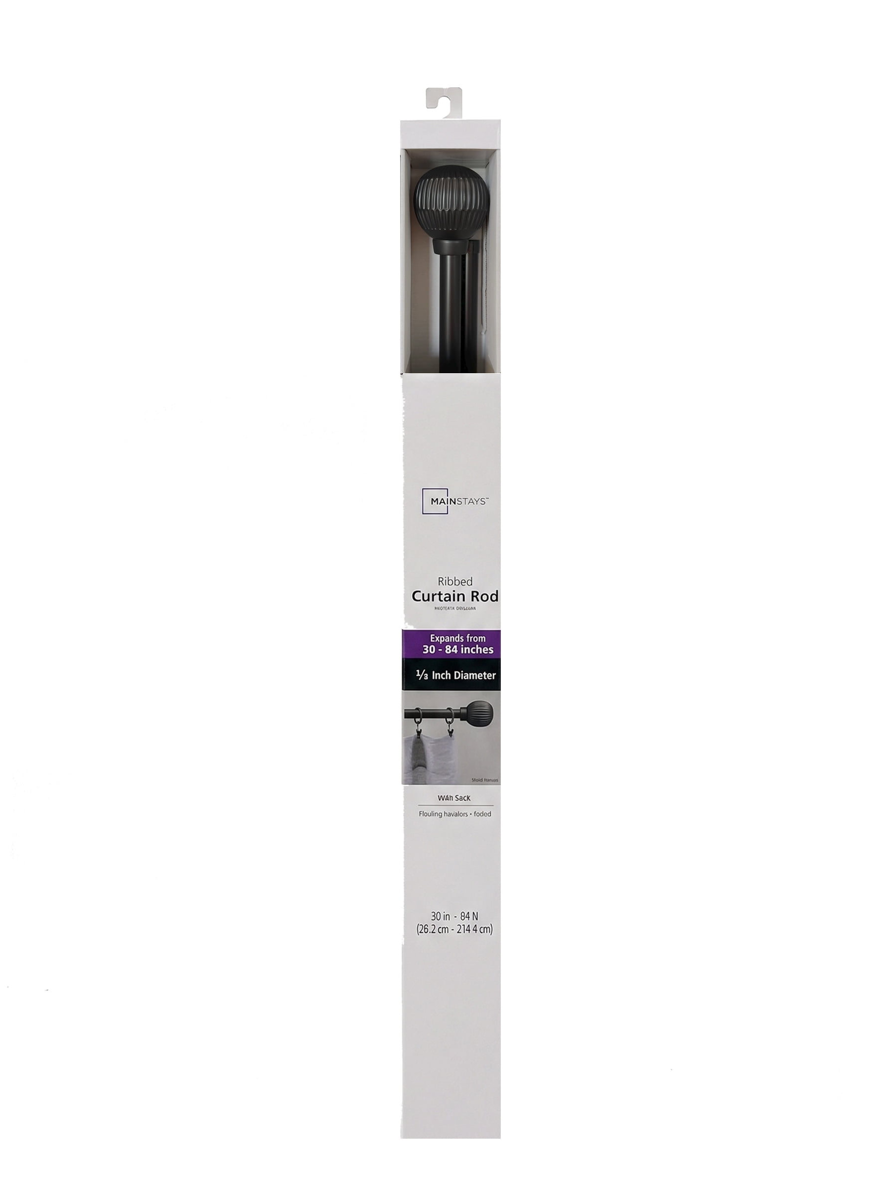 Mainstays 3/4" Matte Black Ribbed Ball Adjustable Single Curtain Rod, 30-84"