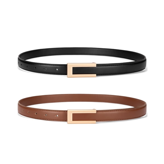 Timarkment Women's Skinny Leather Waist Belts with Golden Buckle, Brown and Black, 2-Pack