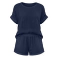 thumbnail image 5 of Gamivast 2 Piece Summer Outfits for Women Casual Linen Textured Short Sleeve Top and Drawstring Shorts Set Loose Fit Matching Lounge Sweatsuits Vacation Streetwear Pajamas Navy XXXL, 5 of 7