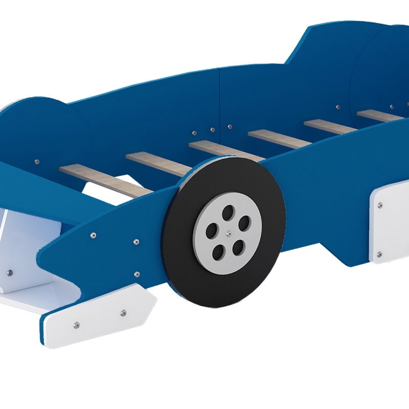 HICOMILA Twin Size Race Car-Shaped Platform Bed with Wheels, Car Bed Frame for Boys Girls, Wooden Twin Floor Bed, Blue