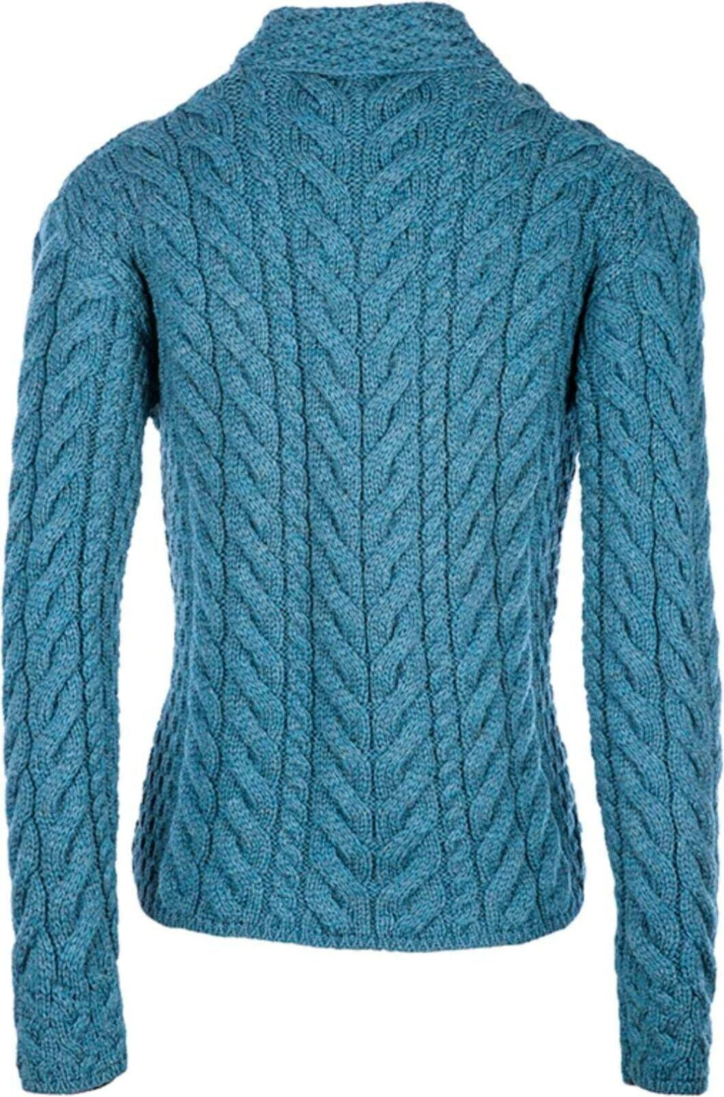 Aran Supersoft Merino Wool Button Neck Cardigan for Women | Chunky Irish  Sea Color Cable Knitted Sweater, Small