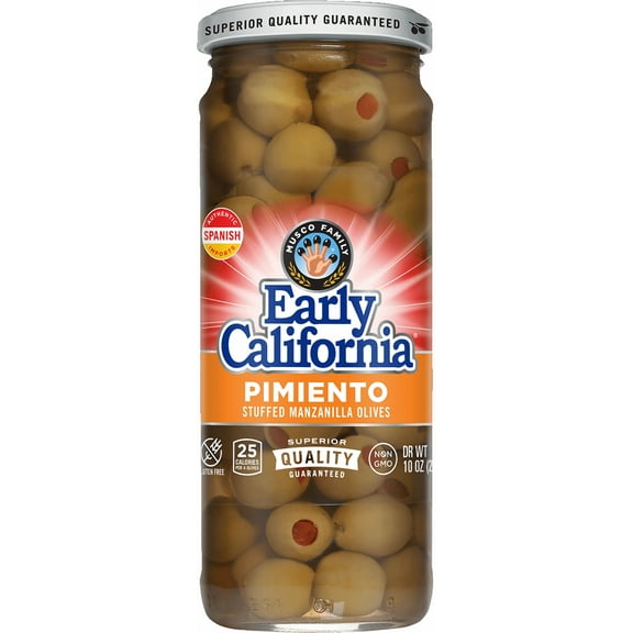 Early California Pimiento Stuffed Manzanilla Olives, 10 oz. Jar. Allergens Not Contained.