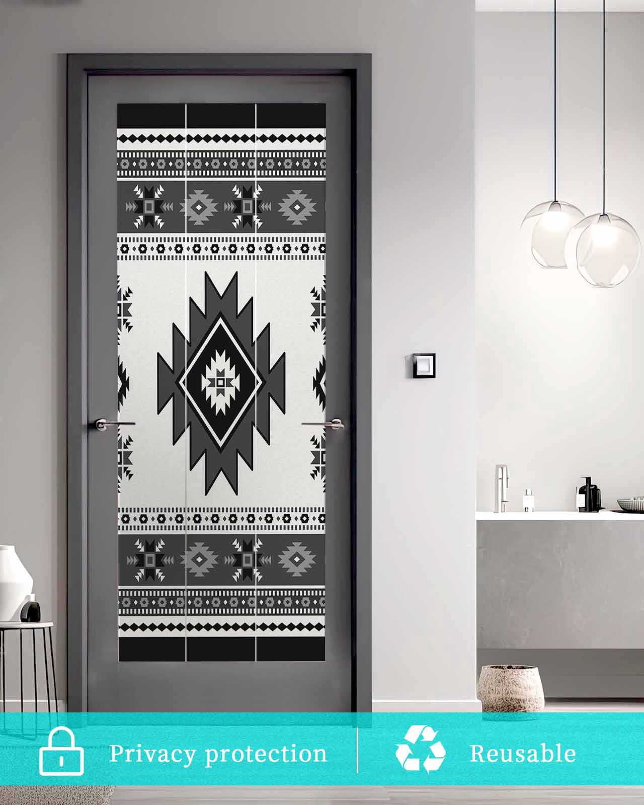 Window Privacy Film Gray Boho Stained Glass Window Film Decorative Sun Block Window Cover Southwest Aztec Country Geometric Aesthetic Window Clings Static Adhesive Sticker for Bathroom 17.7"x39.3"