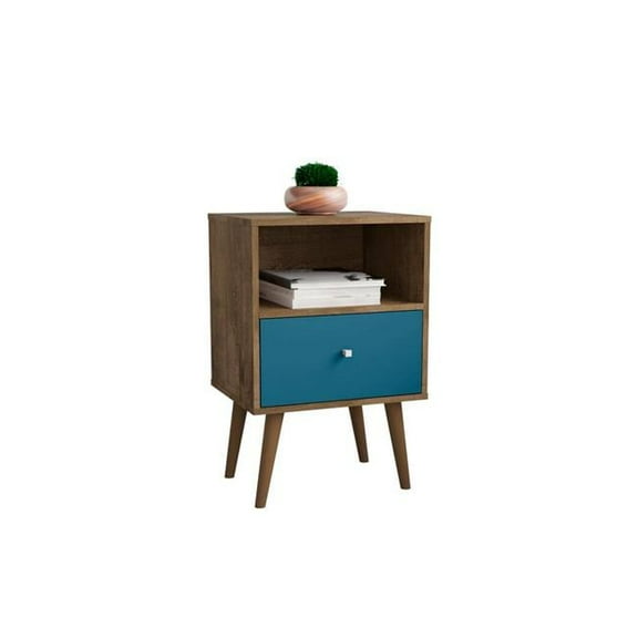 Liberty Mid-Century - Modern Nightstand 1.0 with 1 Cubby Space & 1 Drawer, Rustic Brown & Aqua Blue