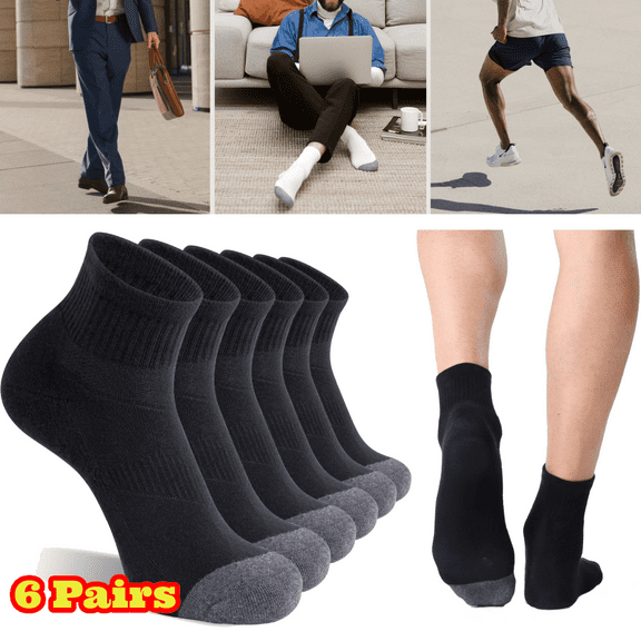 6 Pairs Cotton Athletic Crew Socks for Men, Cushioned Ankle Socks for Outdoor Running & Hiking, Men 9-12