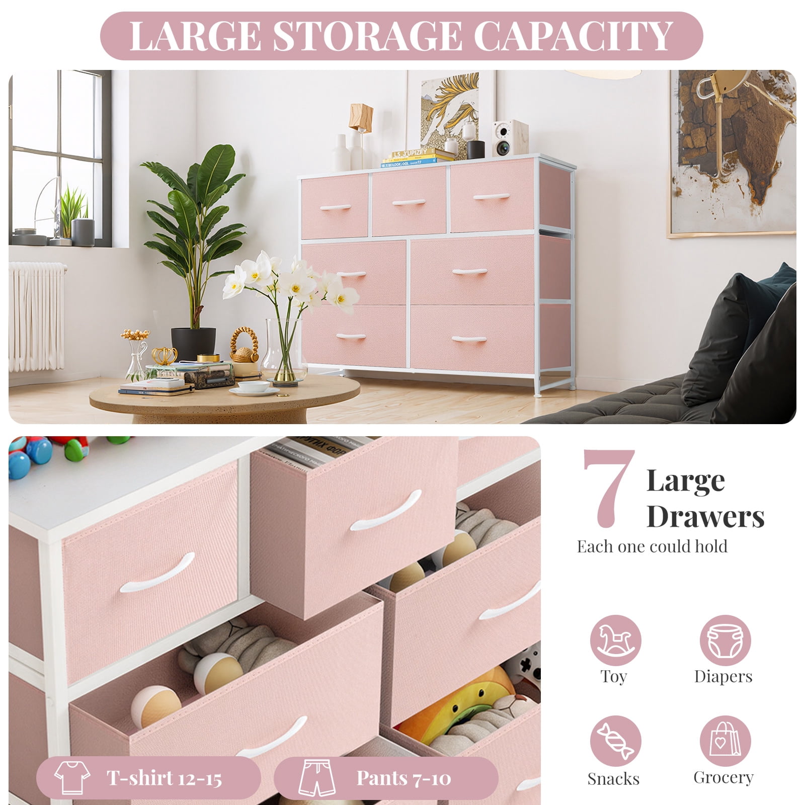 Dresser, Betcozy Storage Organizer with 4 Drawers for Bedroom, Nightstands with Sturdy Metal Frame, Wood Tabletop for LivingRoom, Entryway,Pink