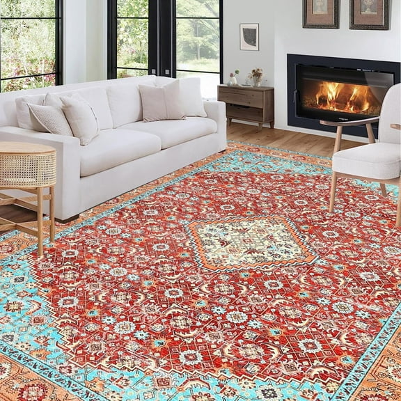 Tzou Persian Washable Rugs 8x10ft for Living Room(Red/Turquoise)
