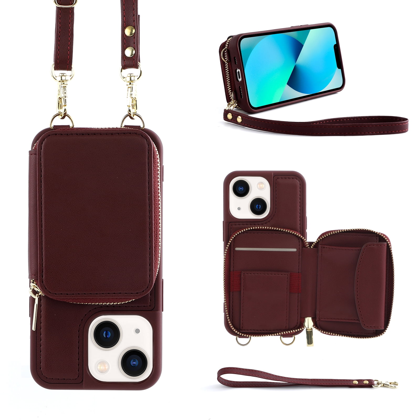Cowithday iPhone 13 Crossbody Wallet Case, Zipper Card Phone Case with