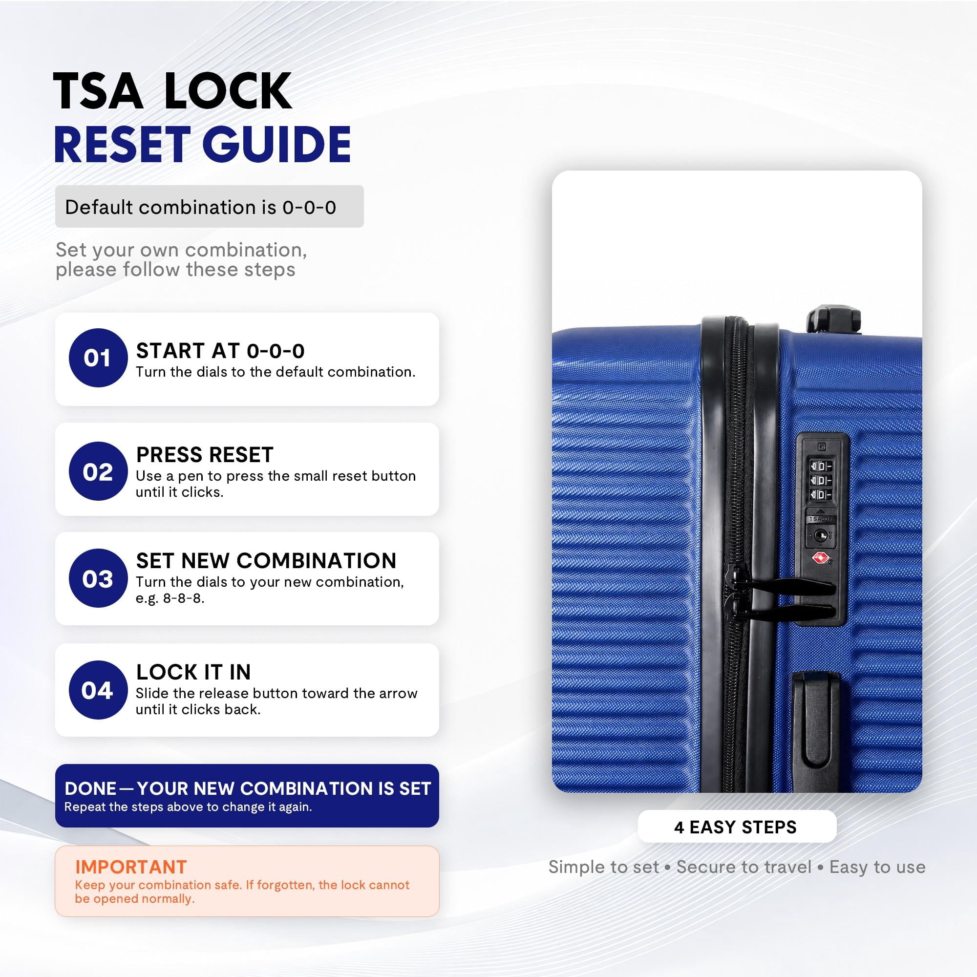 3-Piece ABS Hardshell Luggage Set, Lightweight Scratch-Resistant Suitcases with Silent Spinner Wheels & TSA Lock, Dark Blue