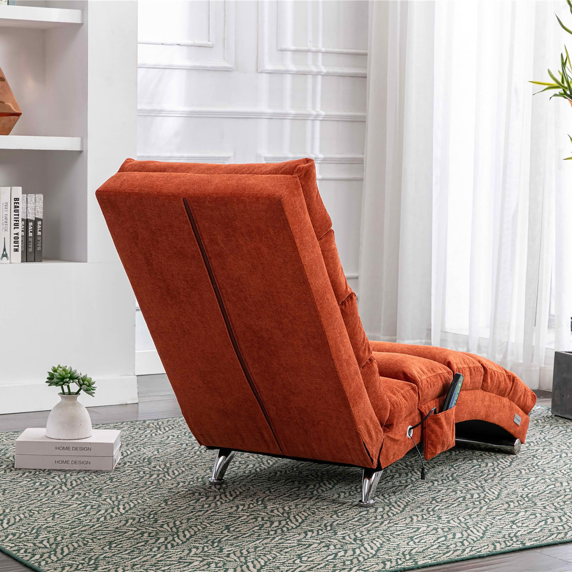 MAYEERTY Vibrating Upholstered Chaise Lounge Chair, Ergonomic Fixed Back Fabric Recliner Sofa with Side Pocket Remote Control for Living Room Bedroom