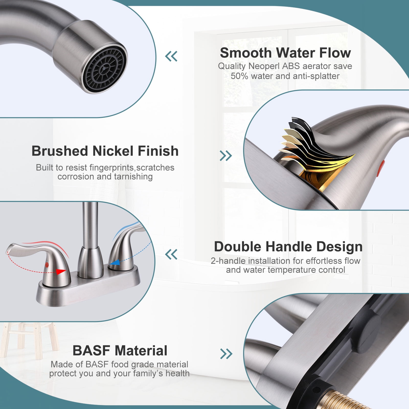 WOWOW 2 Handle Modern Bathroom Faucet Brushed Nickel, 4 Inch Centerset Bathroom Faucet with Drain Assembly and Supply Hoses, 3 Holes Faucet for Bathroom Sink