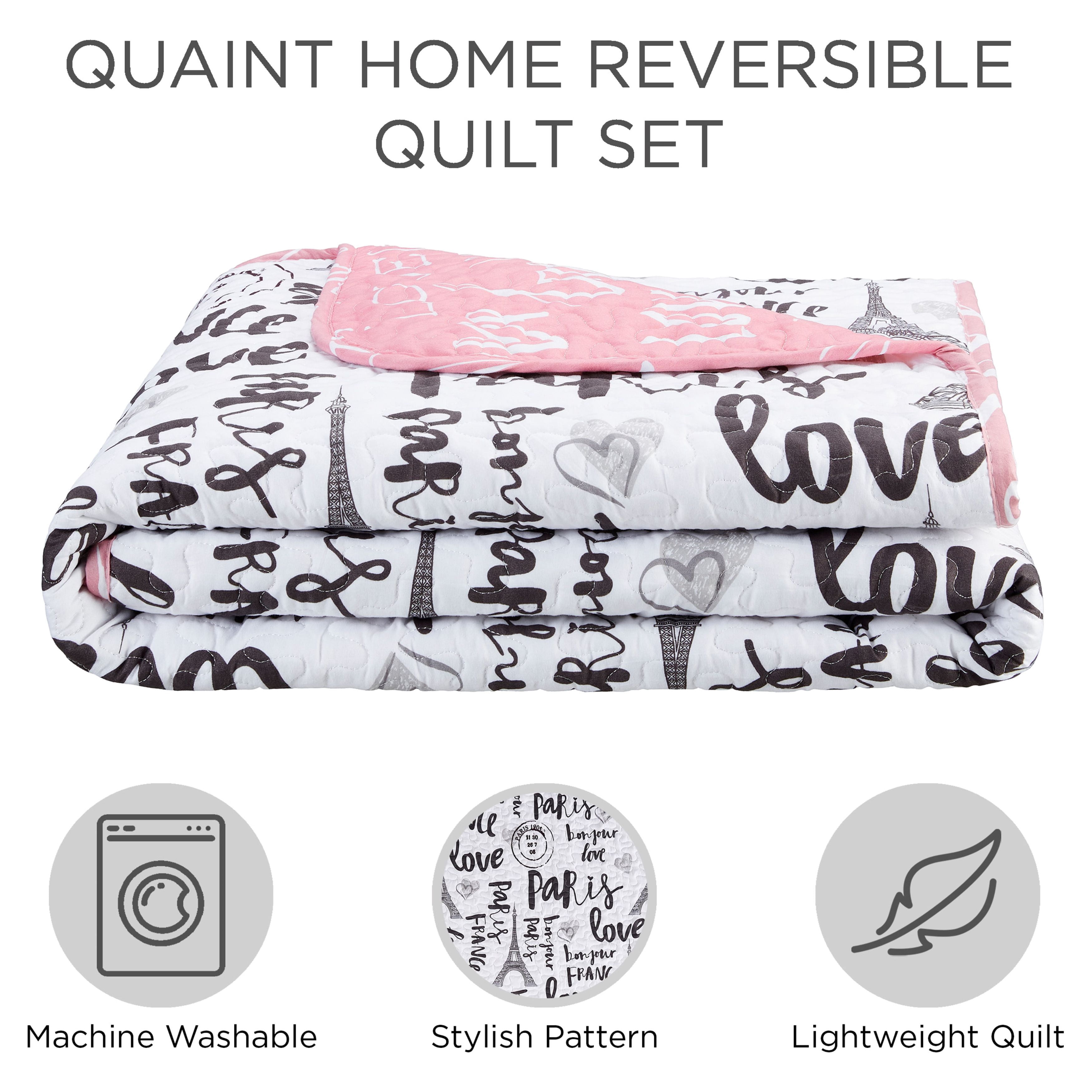 Bedding 4-piece Reversible Quilt Set, Pink/White/Black, Twin, Bonjour by Quaint Home