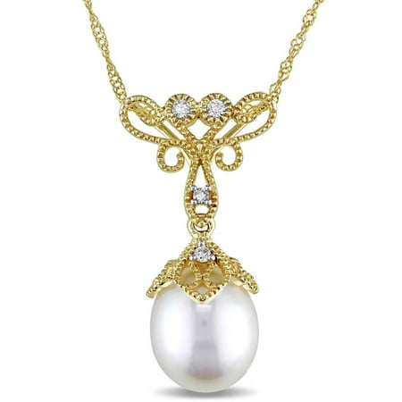 Miabella 9-9.5mm Cultured Freshwater Pearl and Diamond-Accent 14kt Yellow Gold Floral Pendant, 17