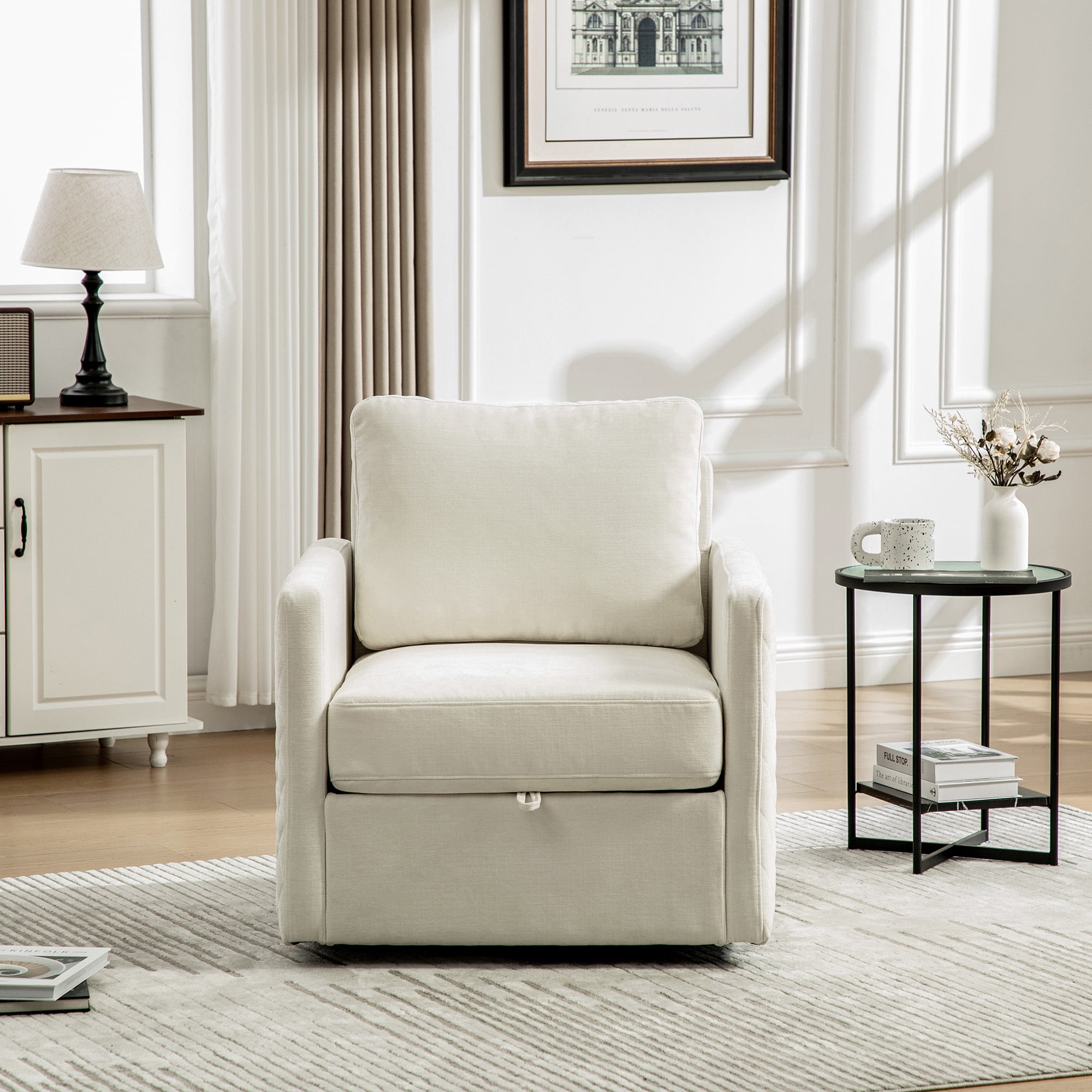 Leumius 360° Swivel Armchair with Hidden Storage, Comfy Diamond-Shape Tufted Armrests Accent Square Club Chair Single Sofa with Pillow for Living Room Bedroom Reading Nook Beige