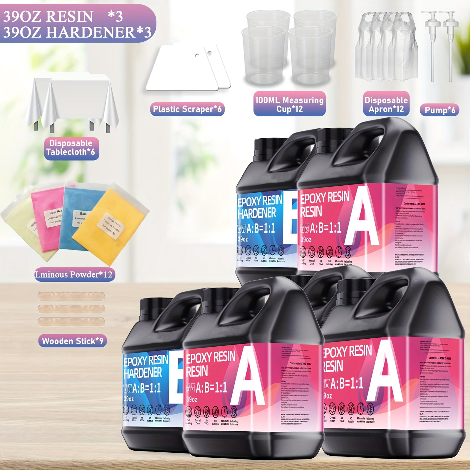 Fast Curing Epoxy Resin Kit 234oz, bubble-free, self-leveling and low odor. Comes with a full set of tools plus 4-color luminous powder, transparent in the daytime and glowing at night. Perfect for C