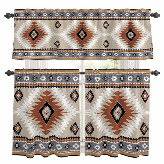 Brown Gray Boho Kitchen Curtains Sets for Windows 36 Inch Length, Southwestern Ethnic Abstract Geometric Rod Pocket Window Treatments Tier Curtains and Valances Set for Bedroom/Bathroom