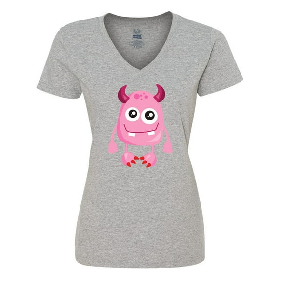 Inktastic Cute Monster, Smiling Monster, Pink Monster, Horns Women's V-Neck T-Shirt