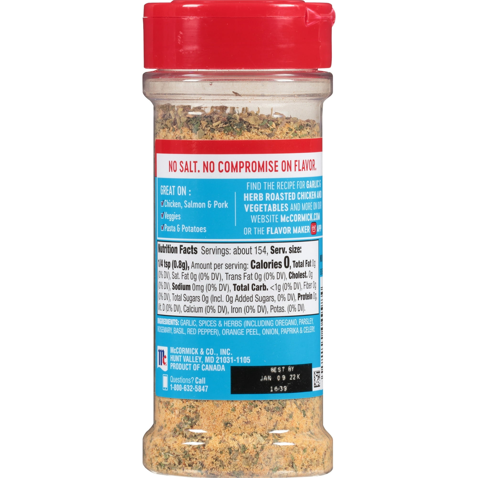 McCormick Seasoning, Salt Free Garlic and Herb, 4.37 oz Bottle