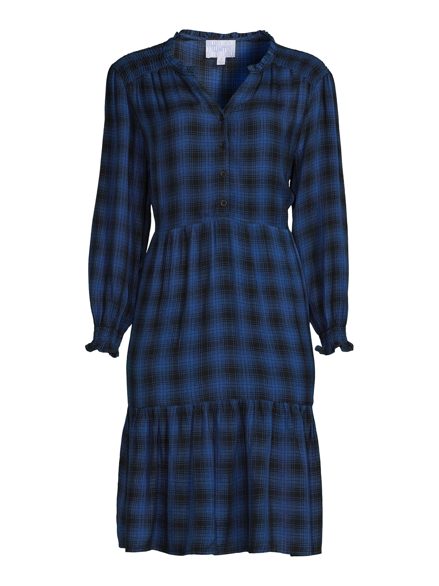 Blu White Blu Women's Smocked Shoulder Plaid Dress