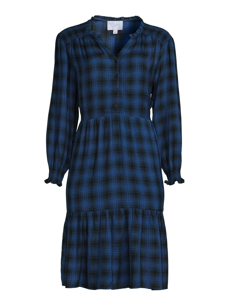 Blu White Blu Women's Smocked Shoulder Plaid Dress