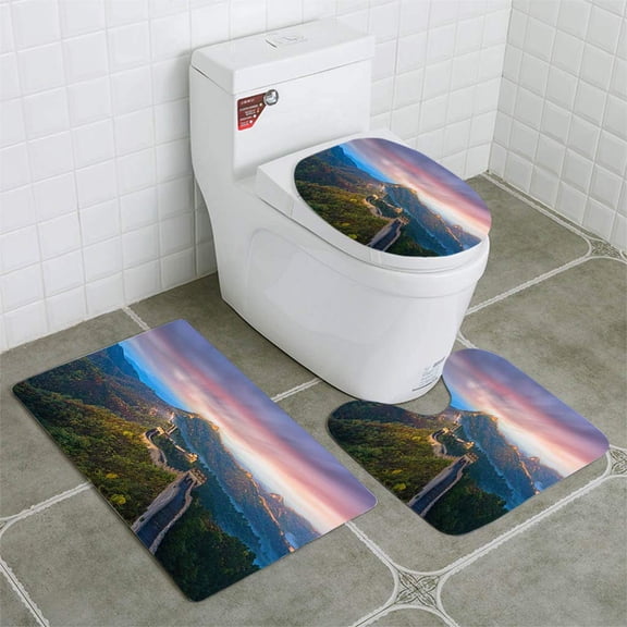 GOHAO Great Wall 3 Piece Bathroom Rugs Set Bath Rug Contour Mat and Toilet Lid Cover