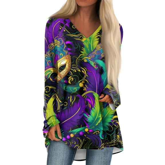 Mardi Gras Shirts for Women Sparkly Sequins V Neck T Shirts Carnival Long Sleeve Gold Graphic Tee Dark Blue M