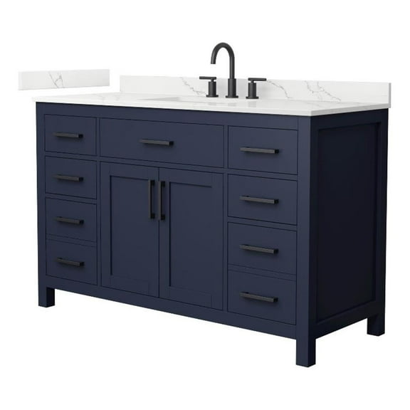 Beckett 54" Dark Blue Single Vanity & Giotto Quartz Top (3-Hole) & Black Trim