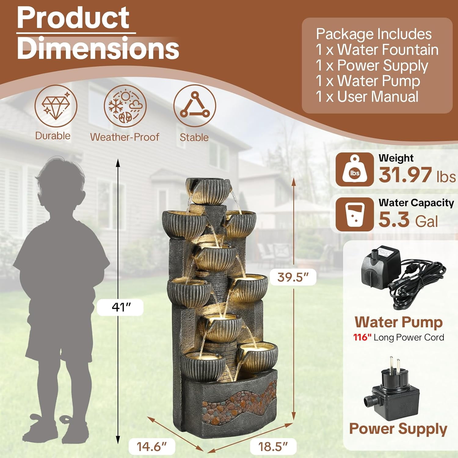 HOMEDIARY Modern 39.5" Tall Outdoor Water Fountain, Large 10-Tier Cascading Bowls Waterfall Fountain with LED Lights, Stone Texture Floor-Standing Resin Water Feature for Deck, Patio, Yard & Indoor