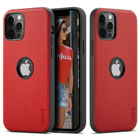 MOHEYO Slim Logo View Saffiano Leather Thin Cover Case for iPhone 12 | 12 Pro - Red