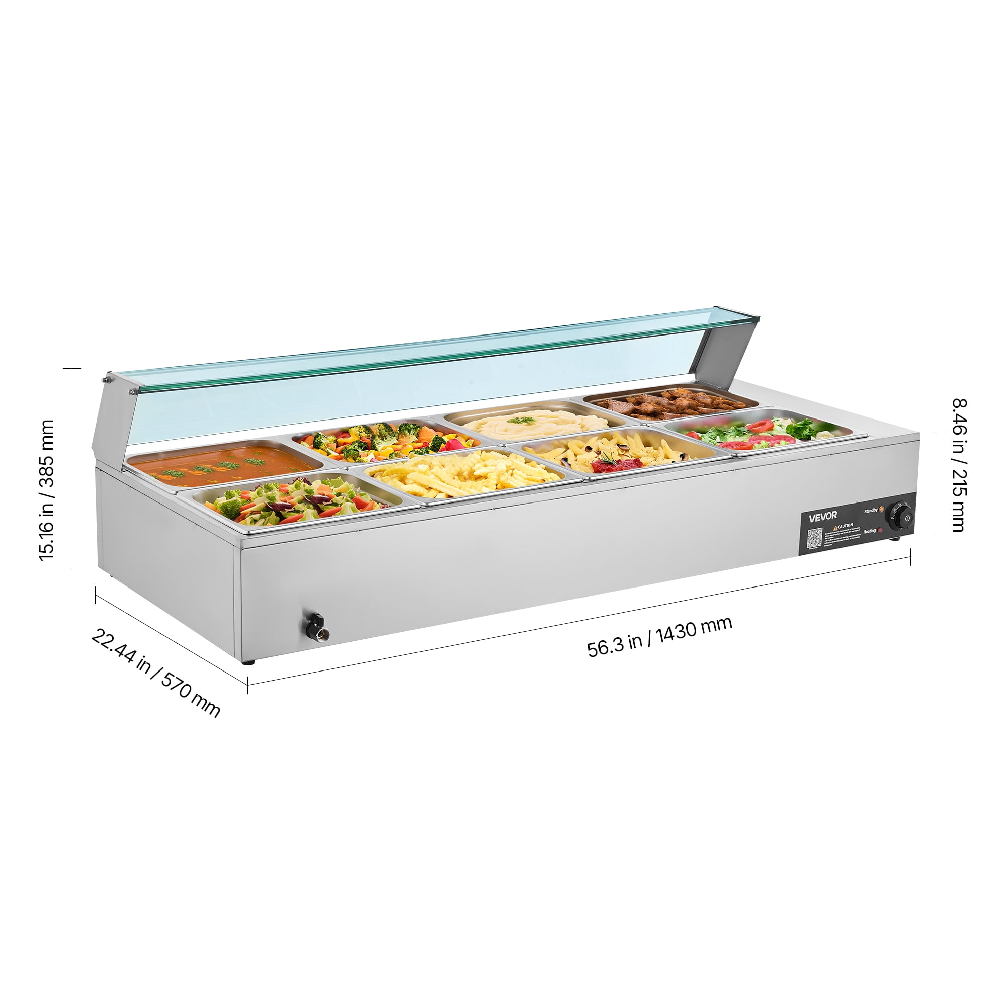VEVOR Commercial Food Warmer, 1700W Electric Stainless Steel Steam Food Warmer with Glass Cover, 8-Pan Countertop Buffet Bain Marie with Soup & Perforated Ladles, for Catering, Restaurant & Party