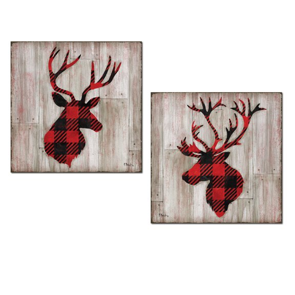 Beautiful Contemporary Red and Black Flannel Pattern Deer and Buck Silhouettes; Lodge Decor; Two 12x12in Paper Prints (Printed on Paper, Not Wood)