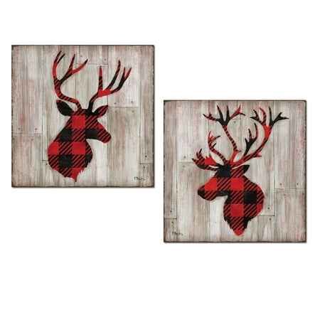 Deer Pattern - Beautiful Contemporary Red and Black Flannel Pattern Deer and Buck Silhouettes; Lodge Decor; Two 12x12in Paper Prints (Printed on Paper, Not Wood)