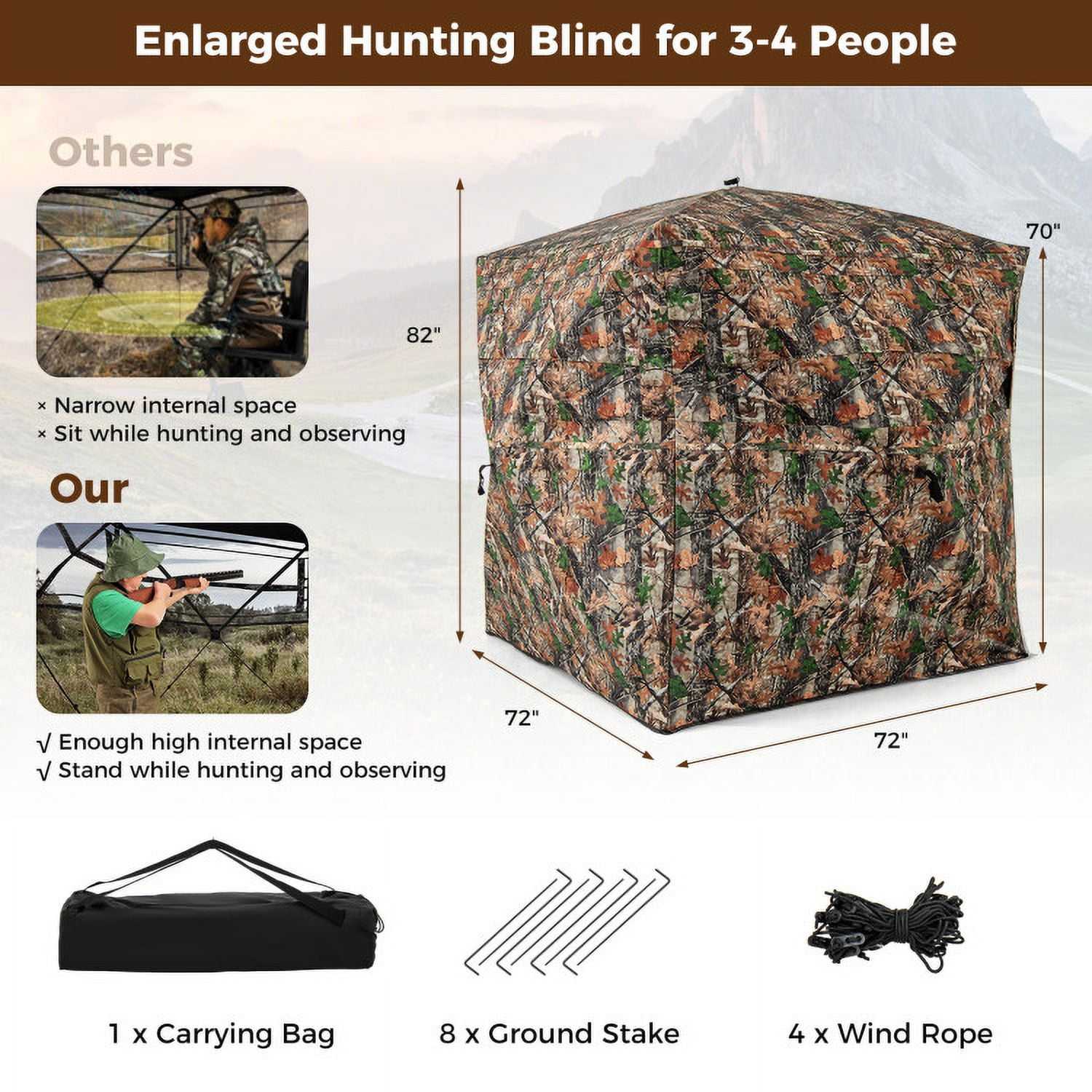 YYAo Tent,82 Inch Tall Hunting Blind 270° One Way See Through Ground Tent for 3-4 People