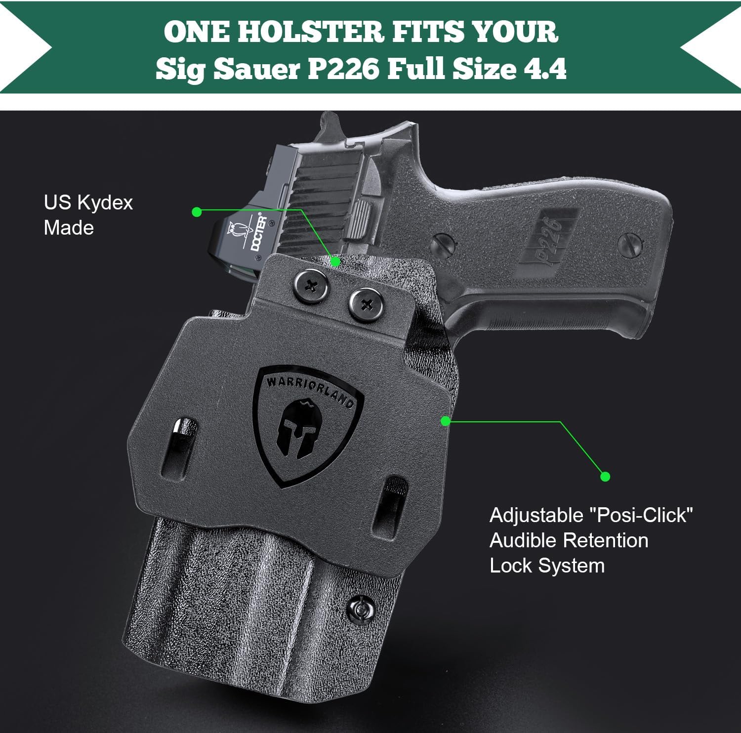 Sig P226 Holster OWB Kydex Holster Optics Cut: Sig Sauer P226 Full Size 4.4'' Pistol, Outside Waistband Open Carry P226 Holster with 1.75 Inch Paddle, Adj. Retention, Right Hand