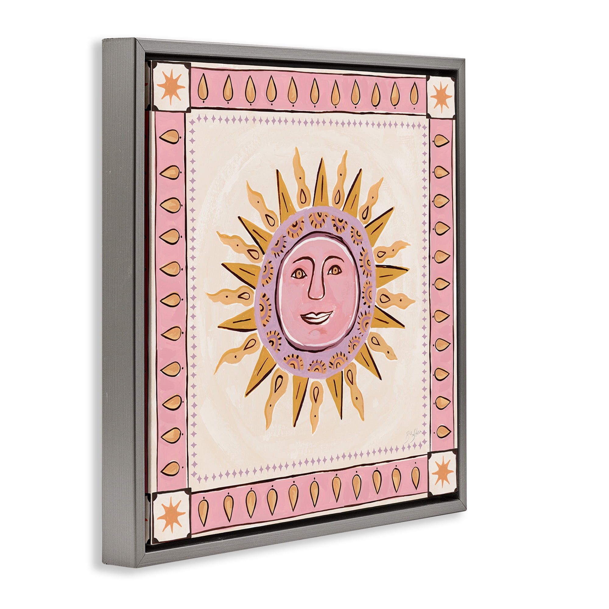 Stupell Industries Smiling Sun with Pink Border Gray Framed Floater Canvas Wall Art, design by Two If By Sea Studios